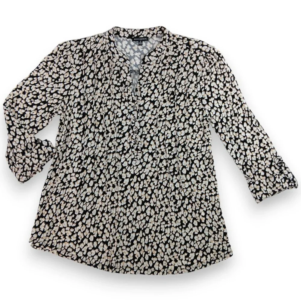 AVA & GRACE-Women's Pleated 3/4 Sleeve-SMALL-Floral-Black with White-Tan Flowers - Picture 3 of 12